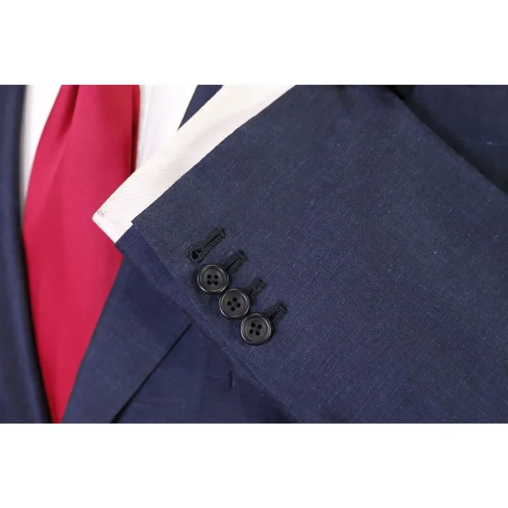 Edgar Pomeroy Bespoke Midnight Blue Silk Linen Iridescent Handmade Suit 38S